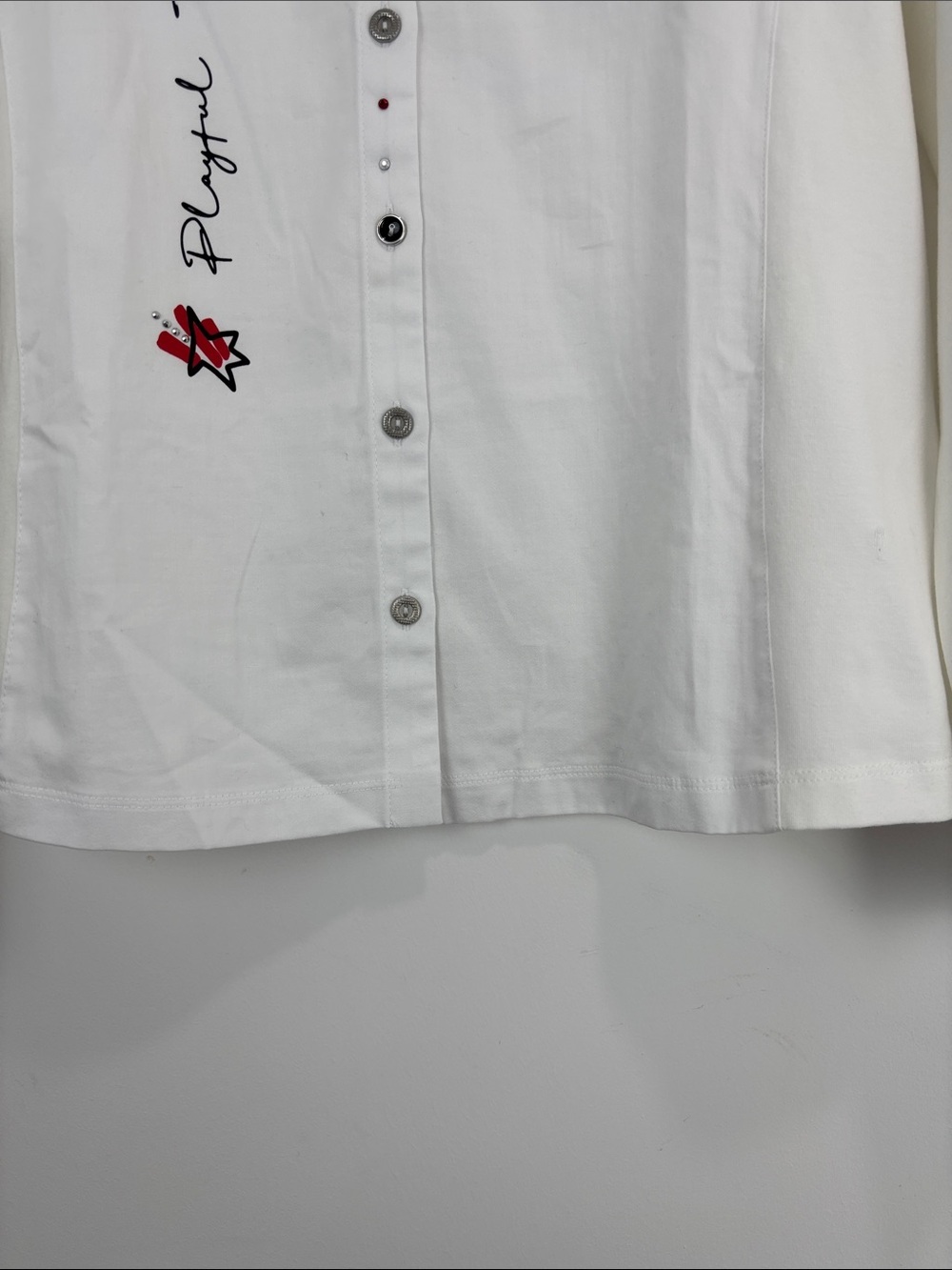 Dolcezza White Button Front Shirt M Artsy Graphic Pocket Collared Modern Art Top - Picture 8 of 17